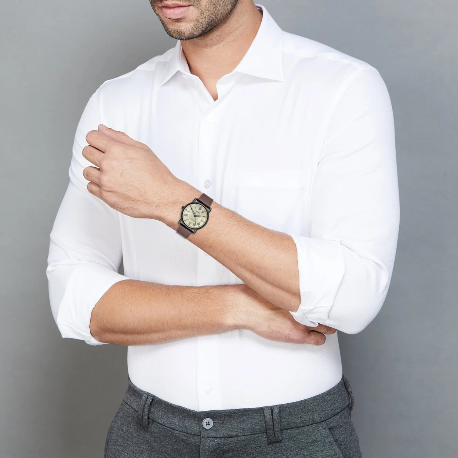 Fashion Men Quartz Champagne Dial Analog Leather Watch TWEG25601 - Image 5